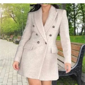 Zara Woman Longline Wool Blend Bouclé Blazer Coats Beige